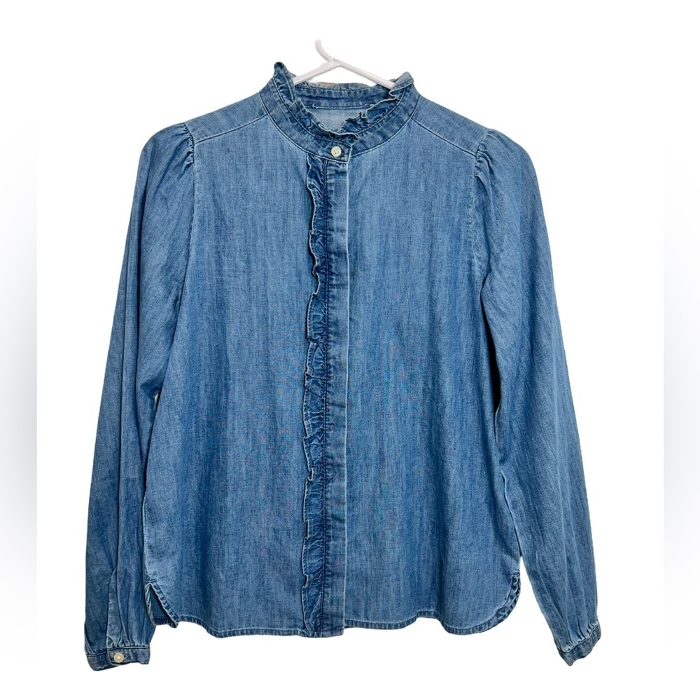 Ann Taylor: Chambray Ruffle denim Blouse women’s XS girlie western cowgirl